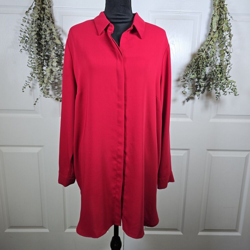 Chico's Red Popover Tunic Blouse Long Sleeve Split Neck Shirt Dress Plus Size 3